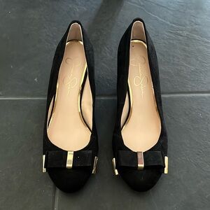 Jessica Simpson, size 7.5, black bow wedge heels. Like new.